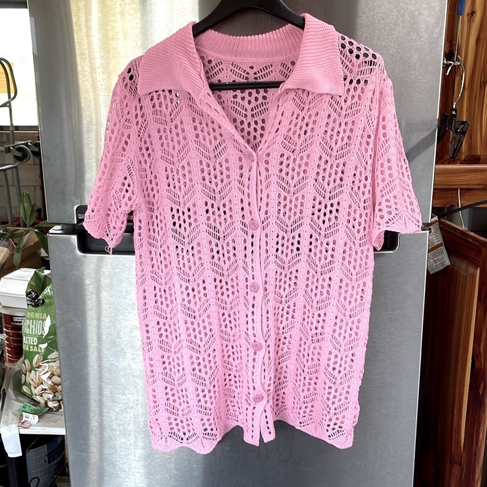 Open Crocheted Pink tunic length short sleeve cardigan women’s size M LAGENLOOK